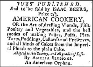 Amelia Simmons 1796 American Cookery cook book advertisement